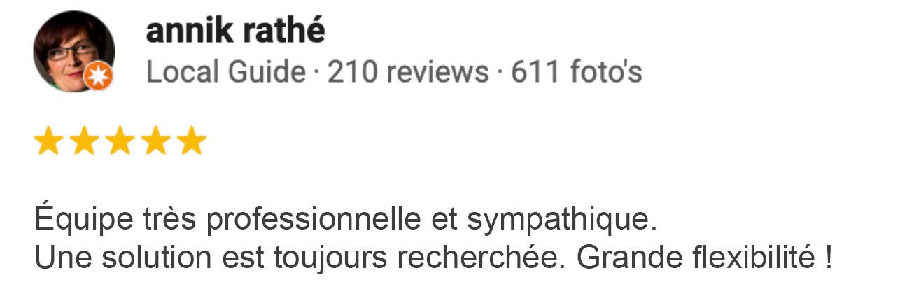Témoignages Orthopédie sur Mesure | Annik Rathé Avis d\'une patiente sur Google mettant en avant l\'équipe très professionnelle, sympathique et flexible de chez Matton.